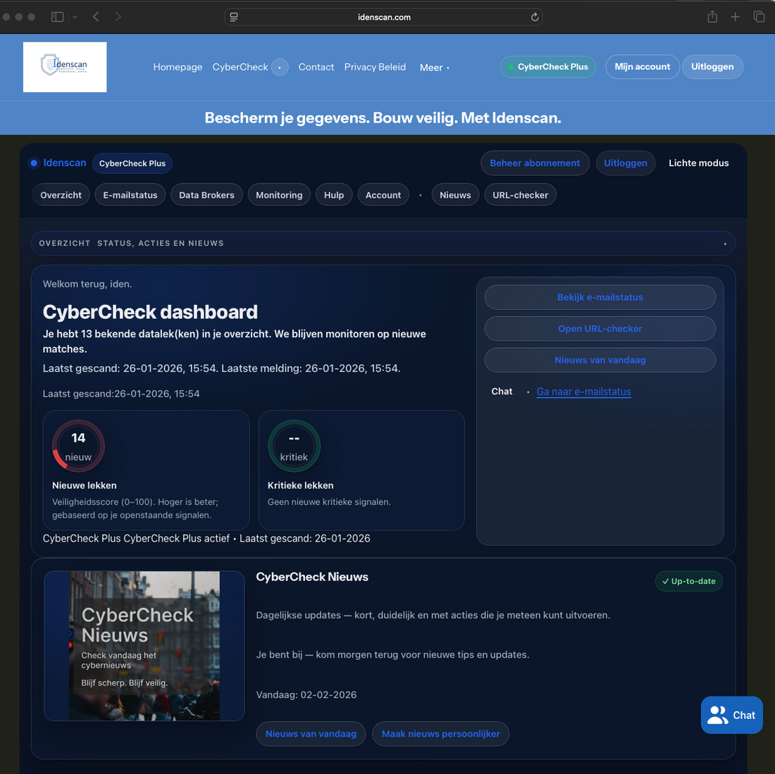 Screenshot van het CyberCheck-dashboard van IdenScan