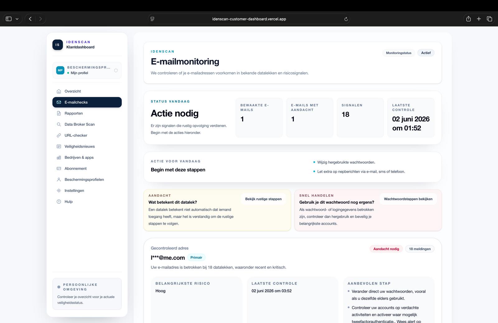 Screenshot van IdenScan beschermingsprofielen voor jezelf, familie, vrienden, partner, kind of bedrijf met e-mailchecks en telefoonmonitoring