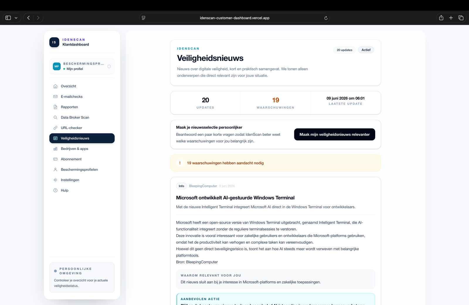 Screenshot van IdenScan e-mailmonitoring met dataleksignalen, actie nodig, laatste controle en aanbevolen stappen