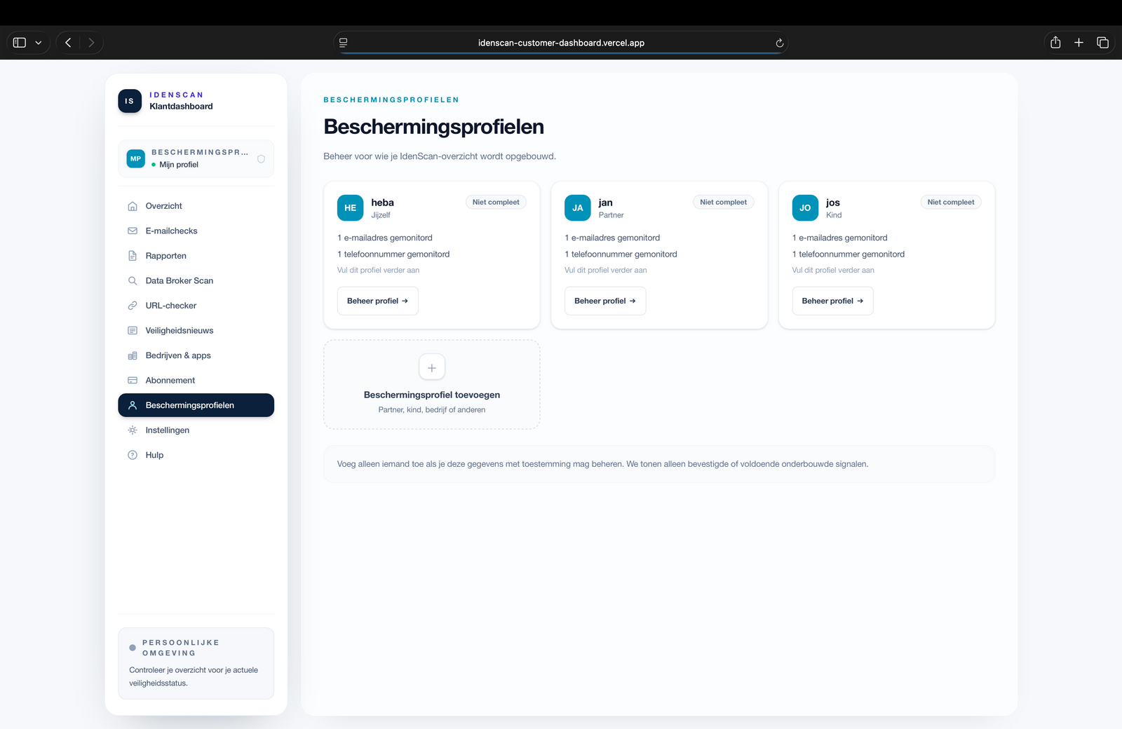 Screenshot van het CyberCheck-dashboard van IdenScan