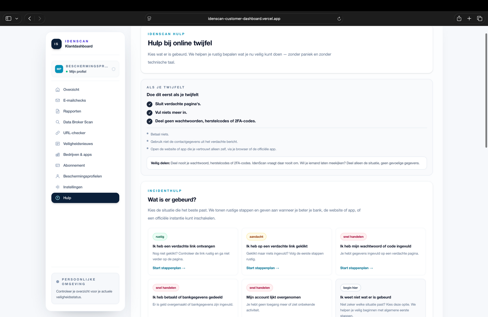 Screenshot van IdenScan URL-checker waar een verdachte link wordt gecontroleerd met sandboxsignalen en dreigingslijsten