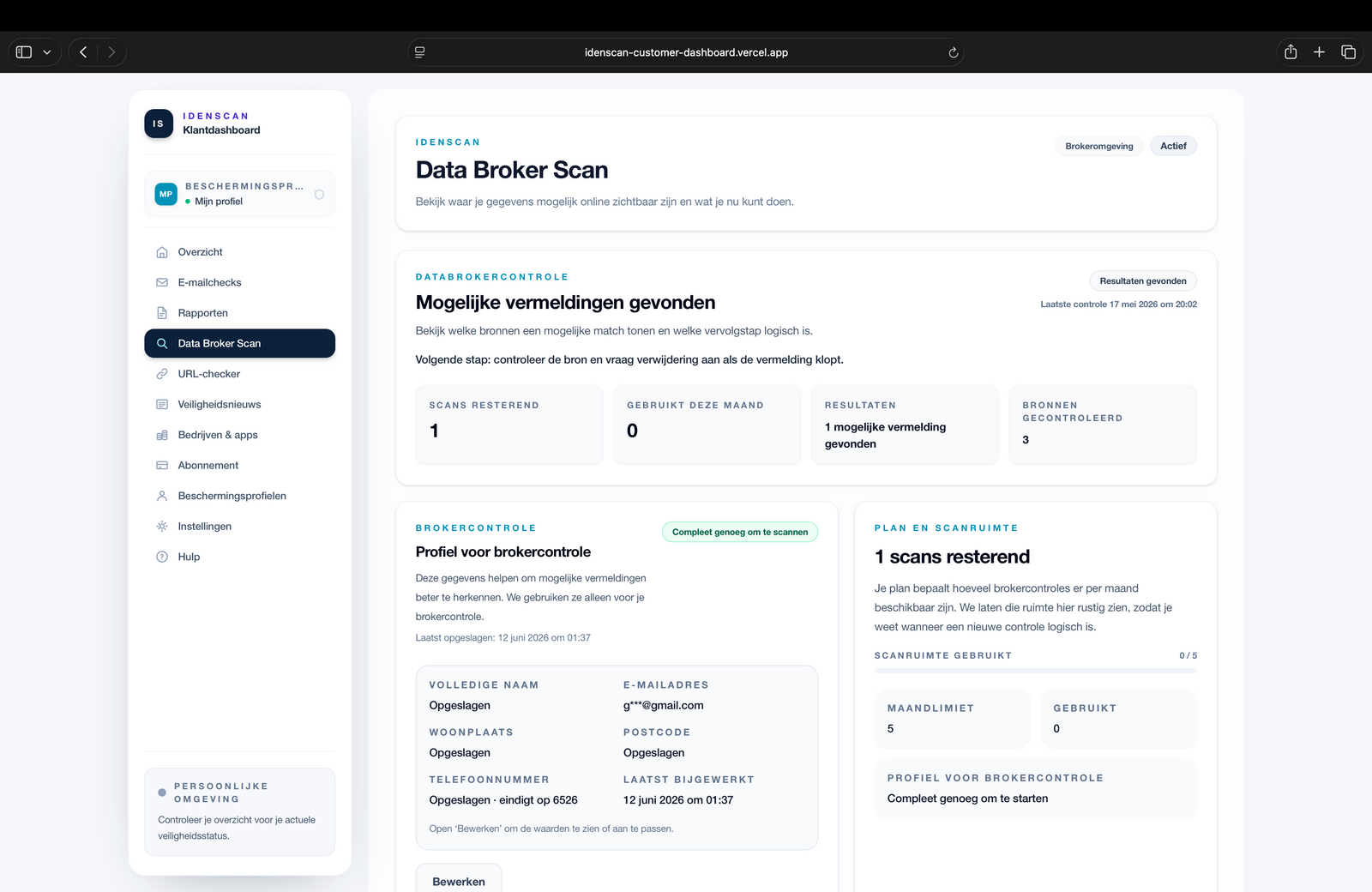 Screenshot van het CyberCheck-dashboard van IdenScan