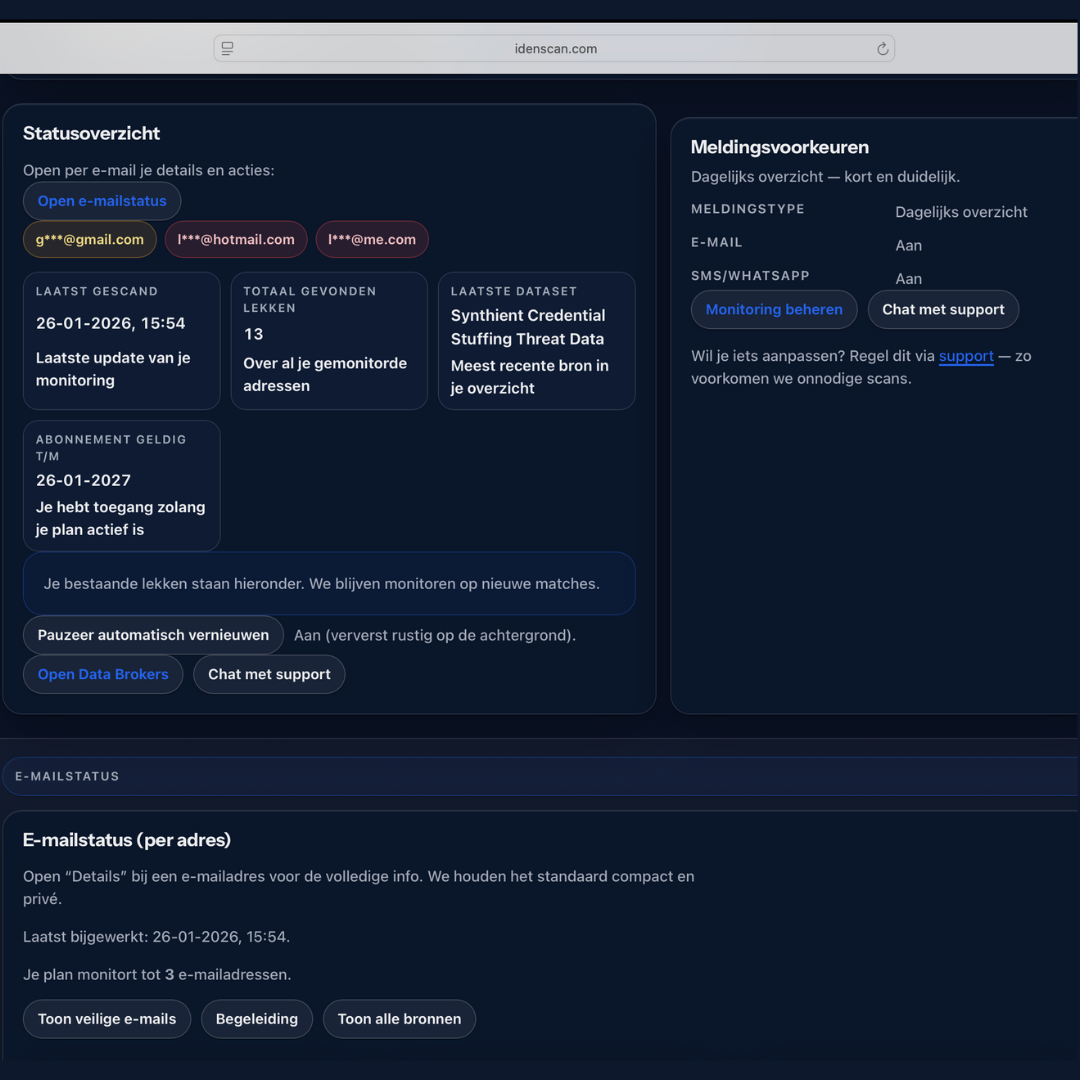 Screenshot van het CyberCheck-dashboard van IdenScan