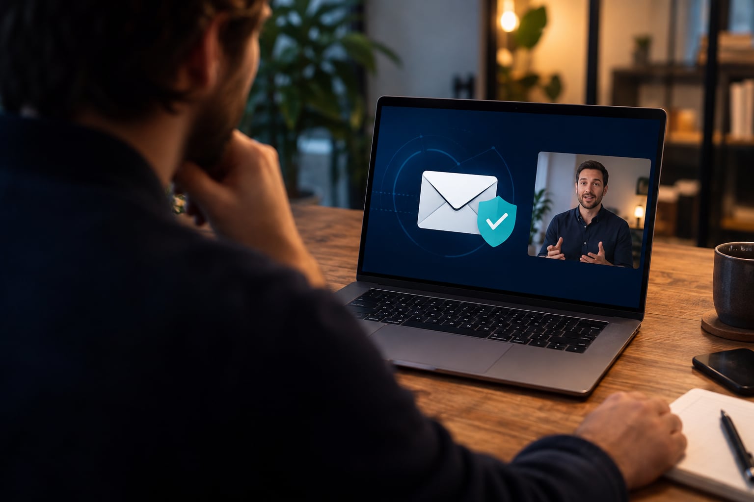 Ondernemer volgt op een laptop een online webinar over cyberveiligheid
